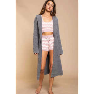 Cárdigan tipo túnica con lazo frontal y bolsillos de forro polar berber gris para mujer, marca Veloro POL - Product Image 3