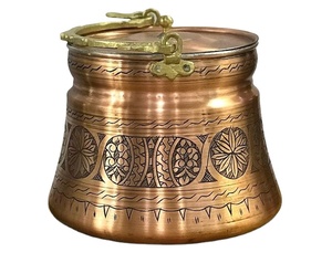 Olla de Almacenamiento de Cobre Grabada a Mano con Asa de Latón, Recipiente Tradicional de Cocina India - Product Image 1