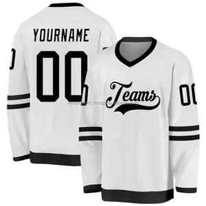 2024 Jersey de hockey sobre hielo con cuello en V blanco y negro para equipo completo logo tackle sarga Jersey de hockey sobre hielo para mujeres Jerseys de hockey sobre hielo