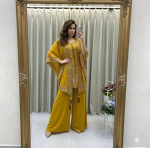 Salwar Kameez Amarillo Mostaza de Georgette Sintética Bordado, Corte Moderno Regular, Diseño Indo-Occidental, Ropa Casual Lista para Usar - Product Image 1