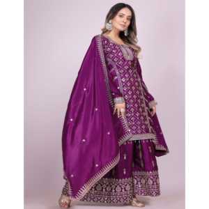 Traje Sharara de satén de diseñador para fiestas con intrincado trabajo de bordado en secuencia - Product Image 5