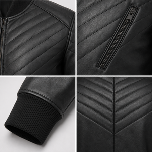 Chaqueta bomber de cuero genuino negro para hombre con paneles acolchados en los hombros, cuello y puños acanalados y bolsillos con cremallera - Product Image 5