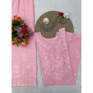 DESIGNER HEAVY RAYON CHAIN <b>STITCH</b> WORK KURTI with PALAZZO BABY <b>PINK</b> - Product Image 3