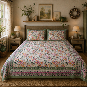 Jaipur Hand <b>Block</b> Printed Plant Floral King Size Flat <b>Bed</b> Set 100% Cotton All Season Eco-Friendly Durable Breathable Home Hotel - Product Image 5