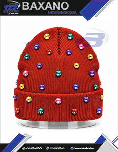 Gorro de Invierno de Punto Rojo con Adornos de Diamantes de Imitación para Mujer, Gorro de Invierno Bordado con Chenilla de la Hermandad NSPDK - Product Image 5