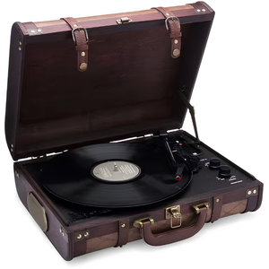 Vintage Wooden Suitcase Record Player Turntable with <b>Bluetooth</b>, <b>USB</b> Recording, Aux-In, Built-in Speakers, 3-Speed Vinyl Playback - Product Image 1