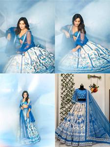 Conjunto de Lehenga Choli de Algodón y Seda con Estampado Azul para Bodas, Diwali y Fiestas, Elegante, Largo hasta el Suelo, Corte Regular, para Mujeres Indias y Pakistaníes - Product Image 4