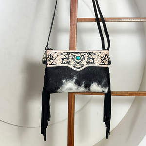 Western Style Hand Tooled Cowhide Leather Turquoise Stone <b>Large</b> Capacity Fringe Bags Designer Boho Style HandBag for Travel - Product Image 4