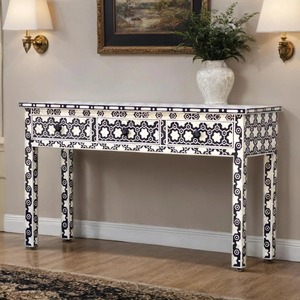 Table console réglable en hauteur, peinte à la main, motif floral noir et blanc, thème indien, avec tiroir et portes, décoration d'intérieur - Product Image 5