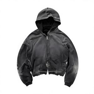 Sudadera con capucha para hombre, color carbón oscuro, estilo vintage, con lavado ácido, cremallera completa, 100% algodón, forro polar grueso, con efecto desgastado, para logotipo personalizado, al por mayor - Product Image 1