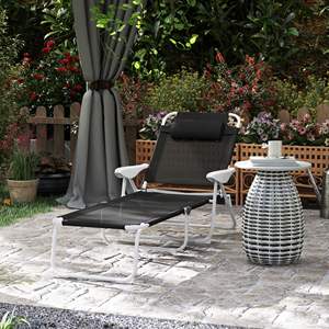 Chaise Lounge plegable negro Reposabrazos trasero reclinable de 4 posiciones Silla de bronceado al aire libre con almohada extraíble - Product Image 2