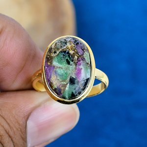Natural Ruby Zoisite Oval Shape Gemstone <b>Ring</b> 18K Gold Micron Over <b>925</b> Sterling <b>Silver</b> - Product Image 2