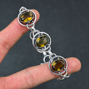 Handmade Smokey Quartz Oval Cut <b>Gemstone</b> Rhodium Plated Claw Setting Christian Wedding Gift <b>Bracelet</b> for Women 7-8'' - Product Image 4