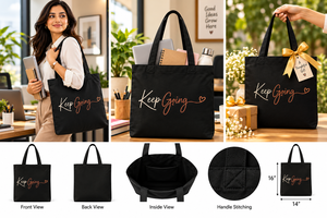 Sac fourre-tout en toile noire AMANI avec imprimé « Keep Going », sac à bandoulière minimaliste pour femme, toutes saisons, portable, réutilisable, pour le shopping - Product Image 6