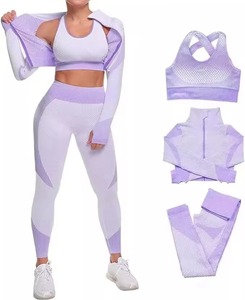 Purple White Yoga Set Textured Sports Bra <b>Leggings</b> Zip Up Hoodie Activewear for Gym Training - Product Image 3