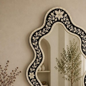 Handmade Wooden Decorative <b>Mirror</b> Irregular <b>Framed</b> Bohemian Style Wall <b>Mirror</b> With Black And <b>White</b> Inlay Design - Product Image 6
