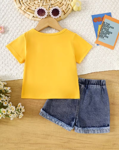Girls 2Pcs Set Yellow Heart Print Short Sleeve T Shirt Denim Daisy Shorts Casual Summer Outfit - Product Image 2