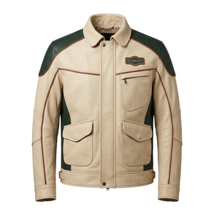 Premium Retro Green Beige Color Block Leather Motorcycle Jacket Men <b>Padded</b> Biker <b>Coat</b> Custom Moto Racing Outerwear Darkry - Product Image 1