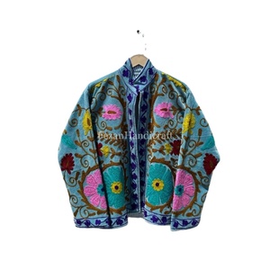 Sky Blue Velvet Suzani <b>Jacket</b> Floral Embroidery <b>Short</b> Unisex <b>Jacket</b> With Inside Cotton Lining Women's Casual Suzani <b>Jacket</b> - Product Image 1