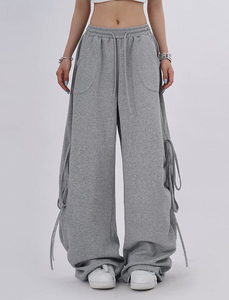 Pantalones Cargo de Pierna Ancha para Mujer, con Cordón Ajustable, Ajuste Holgado, Color Gris Sólido, Estilo Casual Urbano, Cintura Media, Largos, Material de Forro Polar - Product Image 2