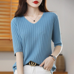 Suéter de punto acanalado con cuello en V para mujer, top informal de ajuste holgado, manga media, jersey suave y ligero, prendas de punto de moda - Product Image 5
