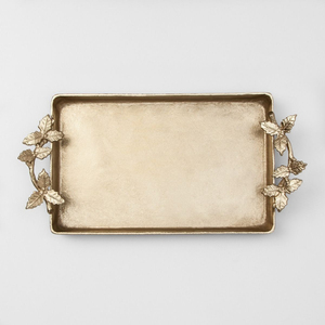 Bandeja de servir decorativa hecha a mano de aluminio dorado con asas ornamentadas de hoja de aloe, plato de metal lujoso para decoración navideña. - Product Image 1