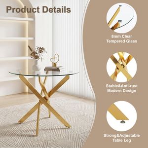 Tavolo da Pranzo Moderno in Vetro da 35,5 Pollici con Gambe Dorate, Tavolo Rotondo per Cucina e Sala da Pranzo - Product Image 3