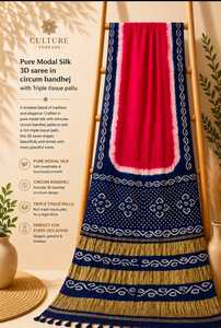 Culture Threads Pure Modal Silk 3D <b>Saree</b> With Bandhej And Triple Tissue Pallu <b>Red</b> Green White - Product Image 4