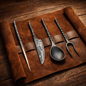 ชุดช้อนส้อมเหล็กกล้าคาร์บอนทำมือ ด้ามจับสีดำ ทรงตรง สำหรับโต๊ะอาหาร ผลิตด้วยมือ สไตล์วินเทจยุคกลาง อุตสาหกรรม รับผลิตแบบ OEM ODM - Product Image 5