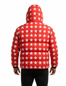 Blouson matelassé à capuche imprimé étoiles rouges pour homme – Manteau d'hiver chaud style streetwear – Vêtements d'extérieur personnalisés en gros - Product Image 6
