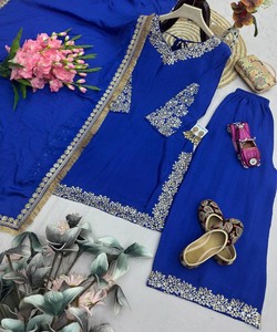 Women <b>Silk</b> Traditional Ankle-Length <b>Kurta</b> Set Loose Fit Blue Ethnic Wear India Pakistan Casual 86580 SAI- SSC 730 - Product Image 2
