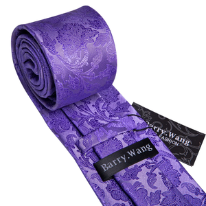 Conjunto de Corbata y Pañuelo de Boda para Hombre, Ecológico, de Satén, Color Morado Sólido, con Diseño Floral Paisley, Logotipo Personalizado para el Novio - Product Image 3
