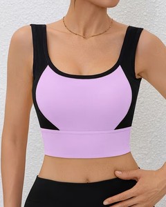 Women Ribbed Sports Bra Wide Strap Scoop <b>Neck</b> Activewear Tank Top Removable <b>Padded</b> Elastic Gym Workout Fitness Bralette - Product Image 1