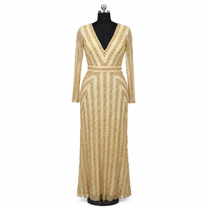 Vestido de Noche de Lentejuelas Doradas de Lujo para Mujer, Elegante Vestido Largo con Cuello en V Profundo y Manga Larga, Vestido de Fiesta de Diseñador Premium para Recepción de Bodas - Product Image 1