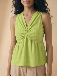 European American Sleeveless V-Neck Breathable Solid Color Crush Design Chest-Twist Pleated Waist-Cinching Tank Top - Product Image 1