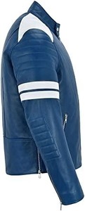 Blue And <b>White</b> Striped Genuine Leather Biker <b>Jacket</b> Men Motorcycle <b>Jacket</b> - Product Image 3
