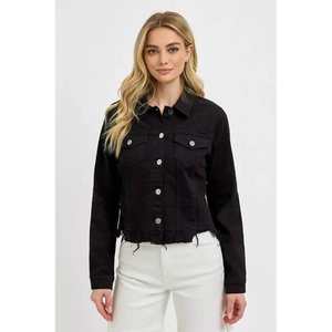 Chaqueta Vaquera de Mujer Veloro, Talla S, Color Negro, Corte Irregular con Dobladillo Deshilachado y Botones - Product Image 1