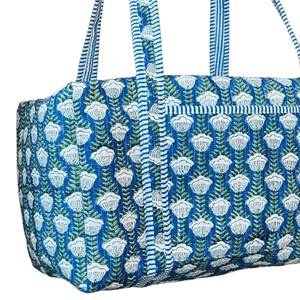 Sac de voyage en toile imprimé à la main avec motifs floraux, bleu vert, grande capacité, fermeture éclair, style décontracté - Product Image 4