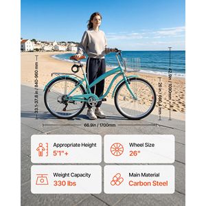 Vélo de plage pour femmes de 26 pouces, 7 vitesses, vélo de ville pour adultes avec cadre en acier au carbone, capacité de 330 lb, panier et porte-bagages arrière - Product Image 3