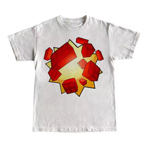 T-shirt blanc à manches courtes pour homme avec motif géométrique en briques rouges imprimé numériquement, col rond décontracté, coupe régulière, en jersey de coton - Product Image 1