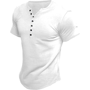 T-shirt décontracté pour hommes, col Henley, coupe classique, manches courtes, en mélange de coton lavé 200 grammes, couleur unie, avec boutons et col en V, vente en gros - Product Image 1