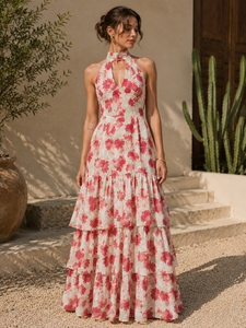 Elegante Vestido Maxi Floral Rosa Ecológico para Mujer, Cuello Halter, Silueta Escalonada y Evase, Vestido de Verano Romántico para Fiesta en el Jardín o Resort - Product Image 1