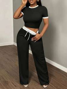 Ensemble pantalon deux pièces pour femmes, nouvelle mode Instagram, manches courtes, haut court patchwork, pantalon à cordon de serrage, survêtement pour femmes - Product Image 5