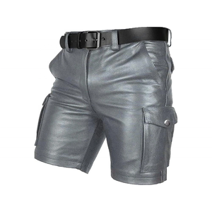 <b>Men's</b> Gray <b>Leather</b> Cargo <b>Shorts</b> Mid-Waist Zipper-Fly Moto Biker Style With Side-Pockets Solid-Color <b>Short</b> Length - Product Image 1