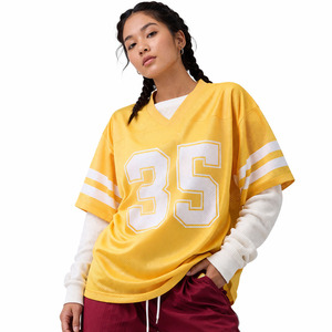Maillot de football américain jaune oversize en maille pour femme, col en V, streetwear, chemise de sport unisexe, logo personnalisé, tenue d'équipe tendance, vente en gros - Product Image 1