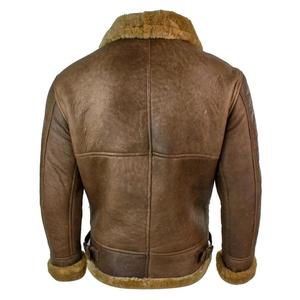 Blouson aviateur en cuir véritable pour homme avec doublure en fourrure de mouton, col rabattable, fermeture éclair, style moto hiver - Product Image 3