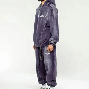 Custom Logo Men's Acid Wash <b>Tracksuits</b> Blank Fleece Drawstring Hooded Hoodies Sweatpants Plus Size Winter <b>Retro</b> Streetwear Sets - Product Image 3