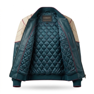 Chaqueta de Cuero Genuino Personalizada para Hombre, Estilo Motero, Color Verde Azulado Crema, con Paneles Bordados, Cierre de Cremallera, Estilo Urbano Vintage - Product Image 5