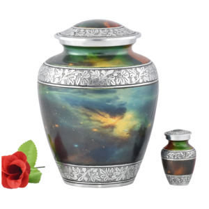 Urna Funeraria Moderna de Metal con Rayas Multicolores para Cenizas Humanas - Frasco Conmemorativo Vibrante Hecho a Mano con Verde, Amarillo y Azul - Product Image 5