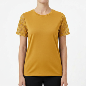 Camiseta de Cuello Redondo Color Amarillo Mostaza de Alta Calidad para Mujer, con Manga de Encaje, Top de Punto Informal de Manga Corta para Primavera/Verano - Product Image 1
